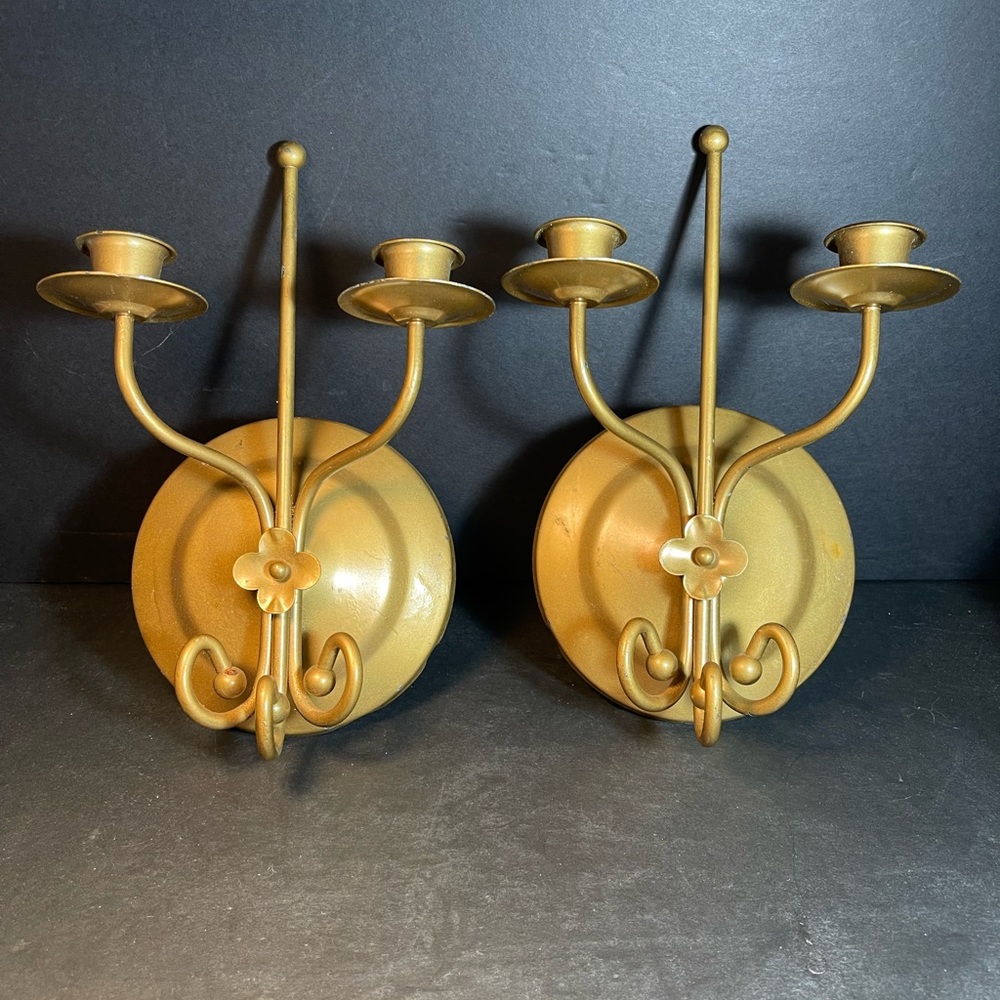 Set Of 2 Vtg Ornate Metal Gold Handpainted 2 Arm Wall Candle Sconces Shabby Chic